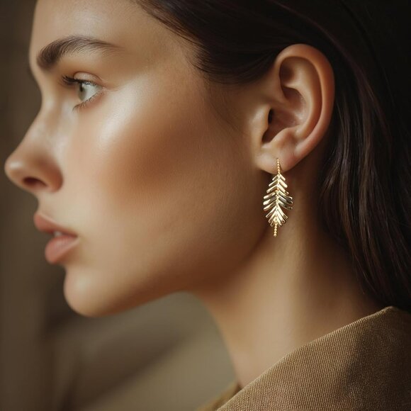 Gold Leaves Dangle Drop Statement Minimalist Earrings for Women Trendy Jewelry - Picture 2 of 6